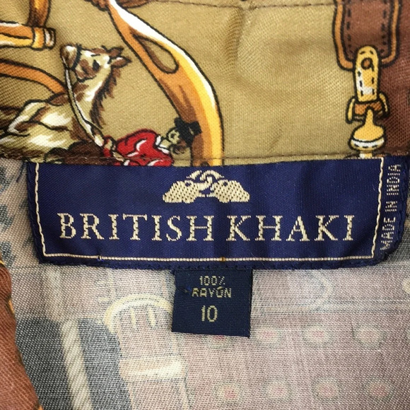 British Khaki Shirt Womens 10 Tan Brown Patchwork‎ Print Button Up Equestrian - Picture 8 of 13